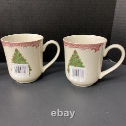 Johnson Bros Old Britain Castles Pink Christmas 4 Mugs Green Tree NOS