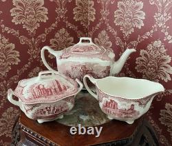 Johnson Bros Old Britain Castles Pink Teapot, Creamer And Sugar New
