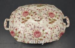 Johnson Bros Rose Chintz Ironstone Ivory/Burgundy Covered Soup Tureen with lid