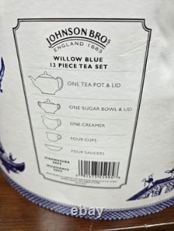 Johnson Bros Willow Blue Tea Set 13 PC NEW IN BOX teapot sugar creamer cups