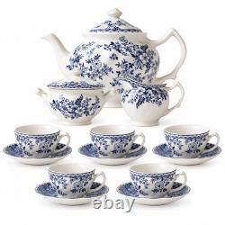 Johnson Brothers Devon Cottage Blue 13-Piece Tea Set Teapot Cups & Saucers