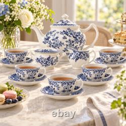Johnson Brothers Devon Cottage Blue 13-Piece Tea Set Teapot Cups & Saucers