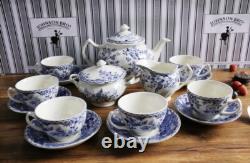 Johnson Brothers Devon Cottage Blue 13-Piece Tea Set Teapot Cups & Saucers