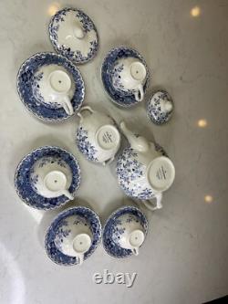 Johnson Brothers Devon Cottage Blue 13-Piece Tea Set Teapot Cups & Saucers
