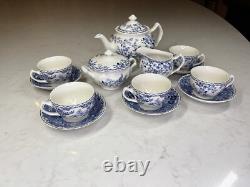 Johnson Brothers Devon Cottage Blue 13-Piece Tea Set Teapot Cups & Saucers