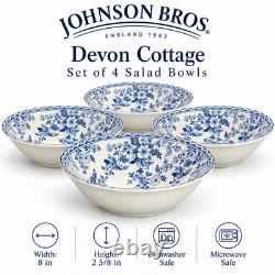 Johnson Brothers Devon Cottage Salad Bowls Set of 4 Blue White Floral 8