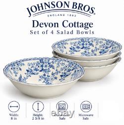 Johnson Brothers Devon Cottage Salad Bowls Set of 4 Blue White Floral 8