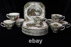 Johnson Brothers Friendly Village 8 Square Snack Plates & 8 Cups Covered Bridge
