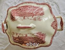 Johnson Brothers Old Britain Castles Red Transferware Footed Soup Tureen with Lid