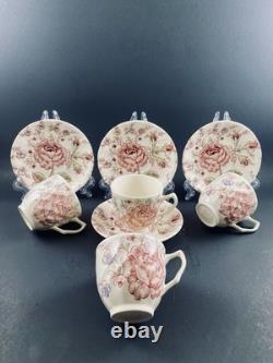 Johnson Brothers Rose Chintz TEAPOT w 4 DEMITASSE Cups & Saucers England Discont