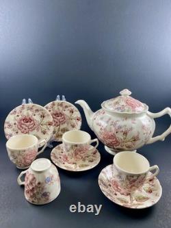 Johnson Brothers Rose Chintz TEAPOT w 4 DEMITASSE Cups & Saucers England Discont