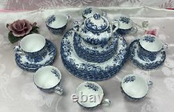 NEW-Set of 33 PCS- Johnson Brothers- Coaching Scene- Blue Dinner Set-England