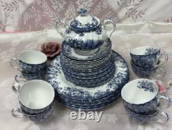 NEW-Set of 33 PCS- Johnson Brothers- Coaching Scene- Blue Dinner Set-England