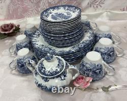 NEW-Set of 33 PCS- Johnson Brothers- Coaching Scene- Blue Dinner Set-England