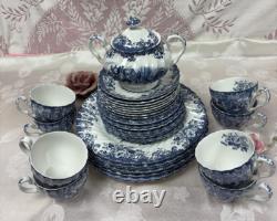 NEW-Set of 33 PCS- Johnson Brothers- Coaching Scene- Blue Dinner Set-England
