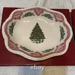 NWT Johnson Bros. England Pink & Green Christmas Tree Serving Bowl