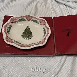 NWT Johnson Bros. England Pink & Green Christmas Tree Serving Bowl