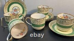 RARE! HTF! 5 sets -Johnson Bros PAREEK Floral Green Yellow Gold Demi Cup&Saucer