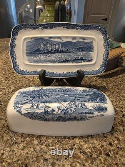 RARE Johnson Brothers Old Britain Castles Blue Covered Butter Dish England EUC