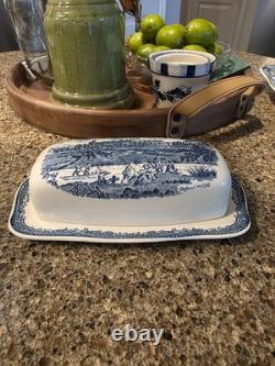 RARE Johnson Brothers Old Britain Castles Blue Covered Butter Dish England EUC