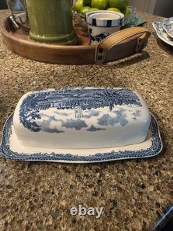 RARE Johnson Brothers Old Britain Castles Blue Covered Butter Dish England EUC