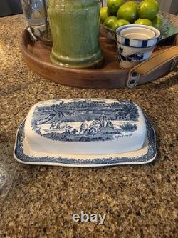 RARE Johnson Brothers Old Britain Castles Blue Covered Butter Dish England EUC