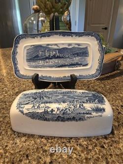 RARE Johnson Brothers Old Britain Castles Blue Covered Butter Dish England EUC
