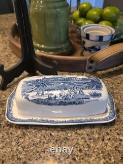 RARE Johnson Brothers Old Britain Castles Blue Covered Butter Dish England EUC