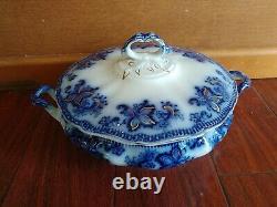 Rare Antique Johnson Bros Flow Blue Princeton Covered Casserole Bowl Vegetable