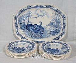 Rare Johnson Brothers Set Of 12 Blue /white Barnyard King Dinner Plates+ Platter