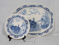 Rare Johnson Brothers Set Of 12 Blue /white Barnyard King Dinner Plates+ Platter