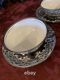 Rare Pareek Mirror Luster Soup 3 Bowls Johnson Bros. 2 Handles Drip Saucers Mint