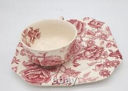 Set Johnson Brothers English Chippendale Red Pink Snack 6 Plate with Cup, Platter