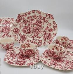 Set Johnson Brothers English Chippendale Red Pink Snack 6 Plate with Cup, Platter