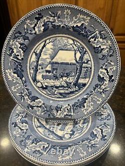 Set of 4 Johnson Bros Historic America Blue Frozen Up Dinner Plate Thanksgiving