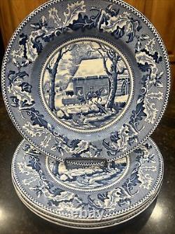 Set of 4 Johnson Bros Historic America Blue Frozen Up Dinner Plate Thanksgiving