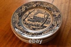 Set of 8 Johnson Bros Historic America Blue Thanksgiving Frozen Up Dinner Plate