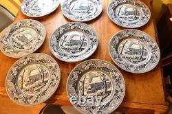 Set of 8 Johnson Bros Historic America Blue Thanksgiving Frozen Up Dinner Plate