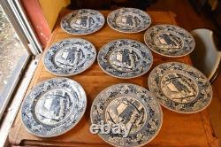 Set of 8 Johnson Bros Historic America Blue Thanksgiving Frozen Up Dinner Plate