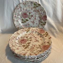 Set of 8 VTG JOHNSON BROTHERS ROSE CHINTZ PINK DINNER PLATES ENGLAND Excellent