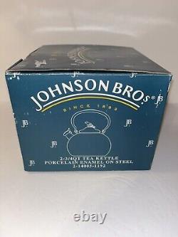 VTG Johnson Brothers Blue Willow Enamel Whistling Tea Kettle Bird Finial Lid NIB
