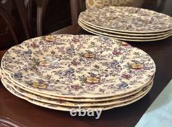 Victorian Johnson Bros. England Lavender chintz M Dinner Plates RARE Find