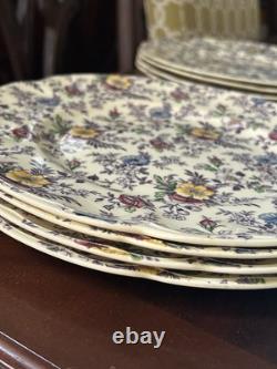 Victorian Johnson Bros. England Lavender chintz M Dinner Plates RARE Find