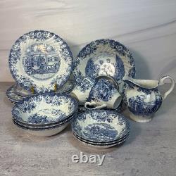 Vintage Johnson Bros Coaching Scenes Blue Transferware 20 Pc Set Service for 3