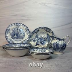 Vintage Johnson Bros Coaching Scenes Blue Transferware 20 Pc Set Service for 3
