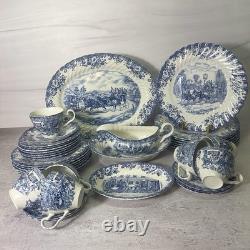 Vintage Johnson Bros Coaching Scenes Blue Transferware 39 Pc Set of 7 England