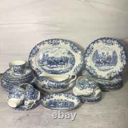 Vintage Johnson Bros Coaching Scenes Blue Transferware 39 Pc Set of 7 England