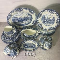 Vintage Johnson Bros Coaching Scenes Blue Transferware 39 Pc Set of 7 England