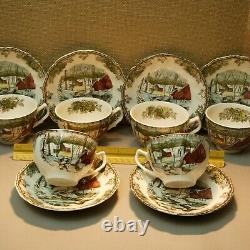 Vintage LOT of Johnson Bros Teacups & Saucers Friendly Village pattern winter