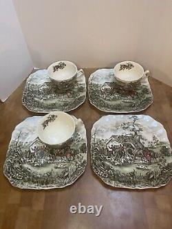 Vtg Johnson Brothers Tally Ho Stirrup Cup Snack Plates Set Of 4 + 3 Cups Rare